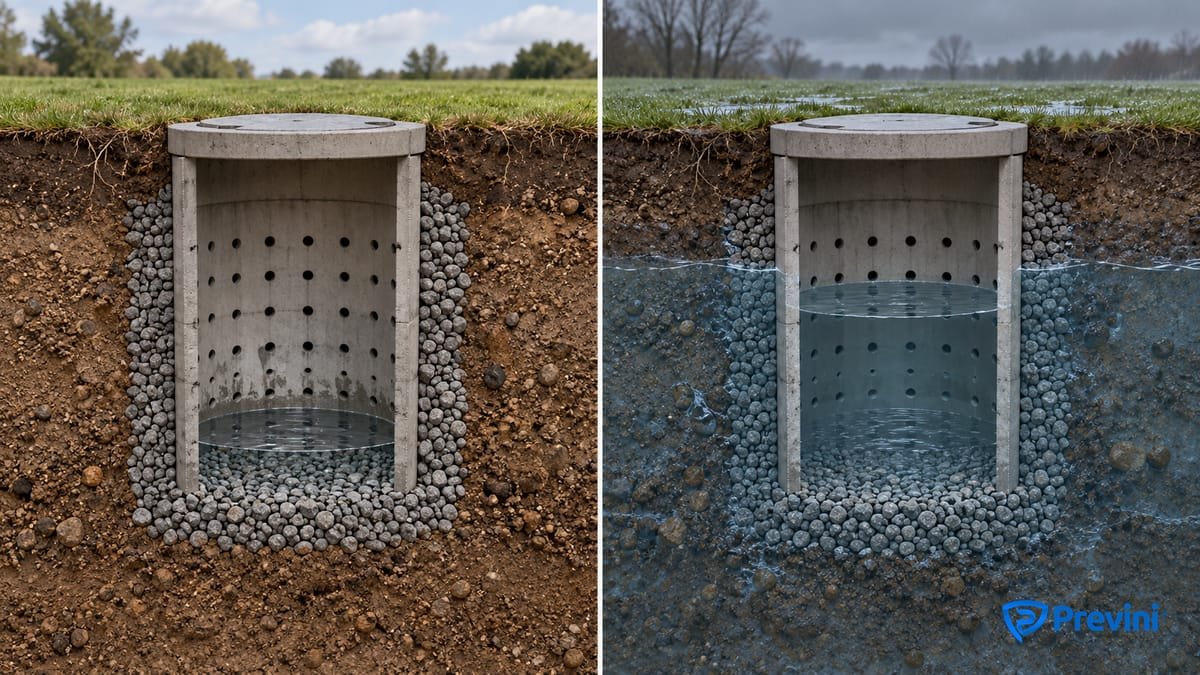 Comparação conceitual de sumidouro em solo com infiltração e em solo encharcado com nível de água elevado.