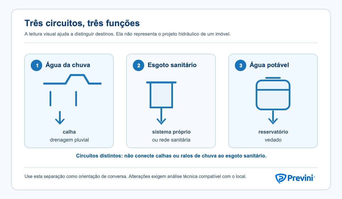 Diagrama didático de três circuitos separados no imóvel: chuva e drenagem, esgoto sanitário e água potável, com pontos acessíveis para observação.