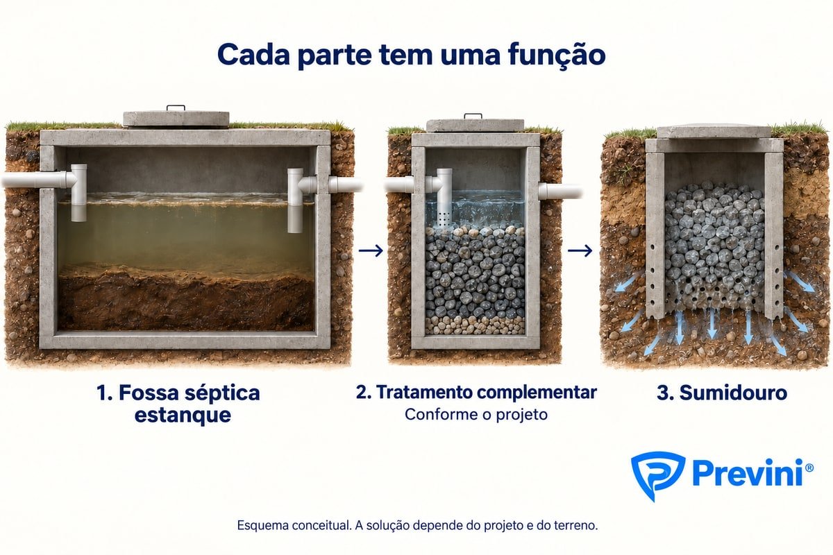 Esquema conceitual de tanque séptico, etapa complementar e sumidouro em corte de solo.