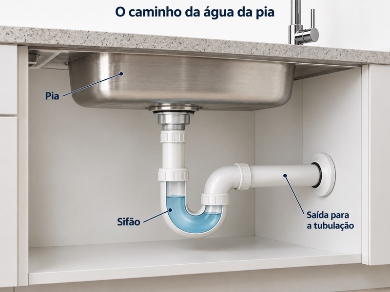 Esquema de pia, sifão e saída para a tubulação.