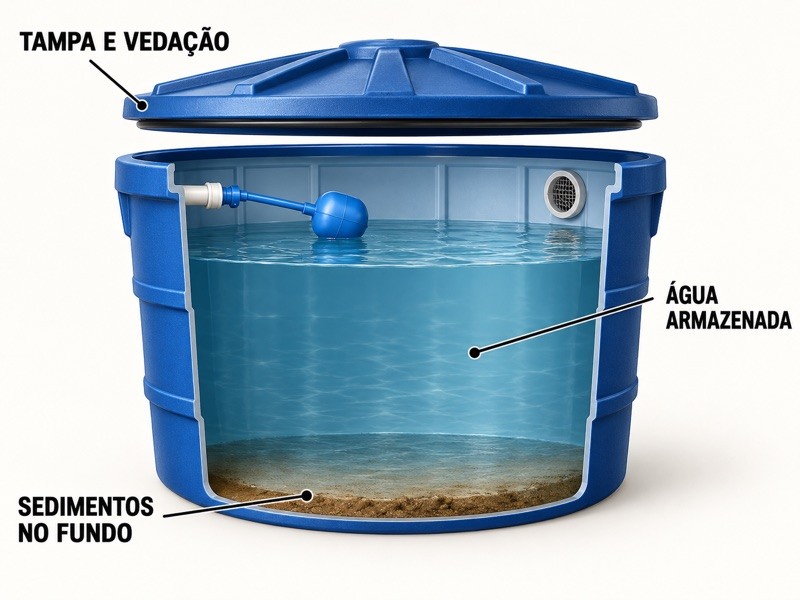 Esquema em corte de caixa d’água com tampa, água armazenada e sedimentos no fundo